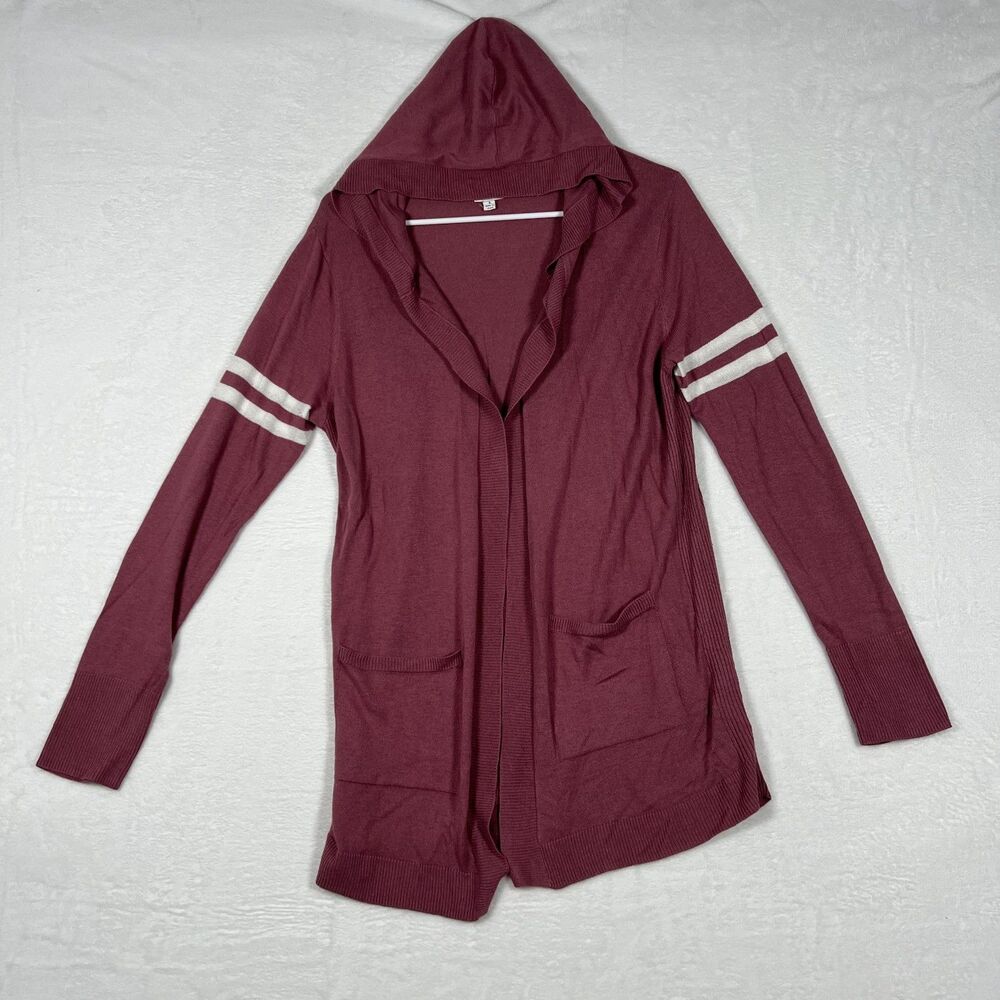 Hippie Rose Hooded Cardigan Womens Size L Burgundy Varsity Stripe Open Front